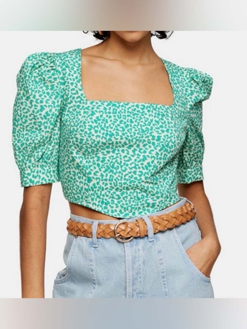 Topshop green leopard print crop top, size 8